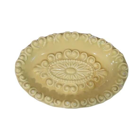 yellow Ornate Oval Footed Regency Glam Ceramic Soap Dish Trinket Tray - Picture 6 of 11